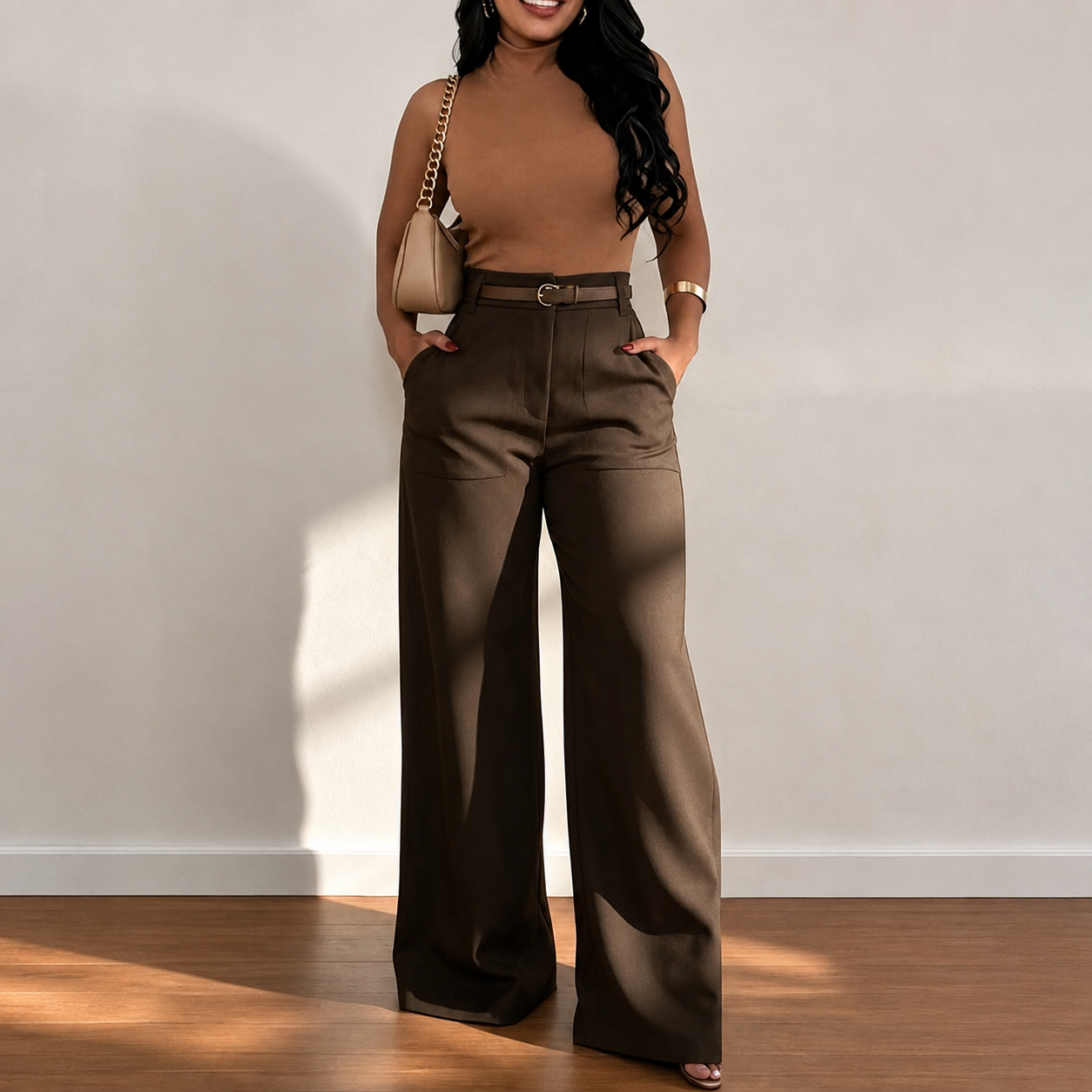 High Waisted Casual Straight Pants With Pockets