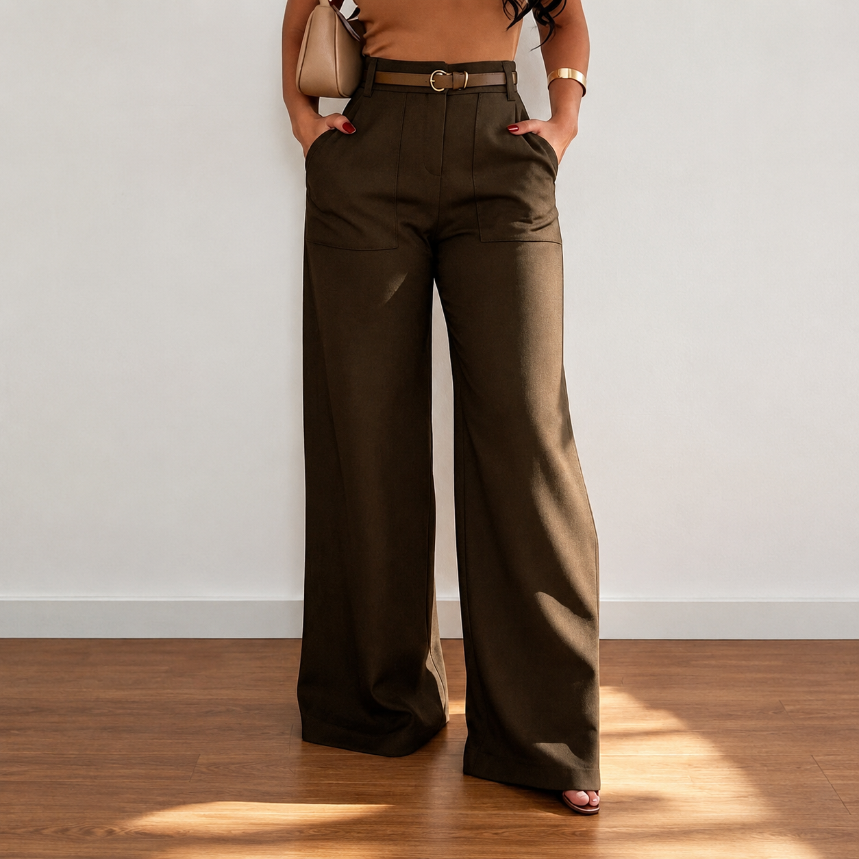 High Waisted Casual Straight Pants With Pockets