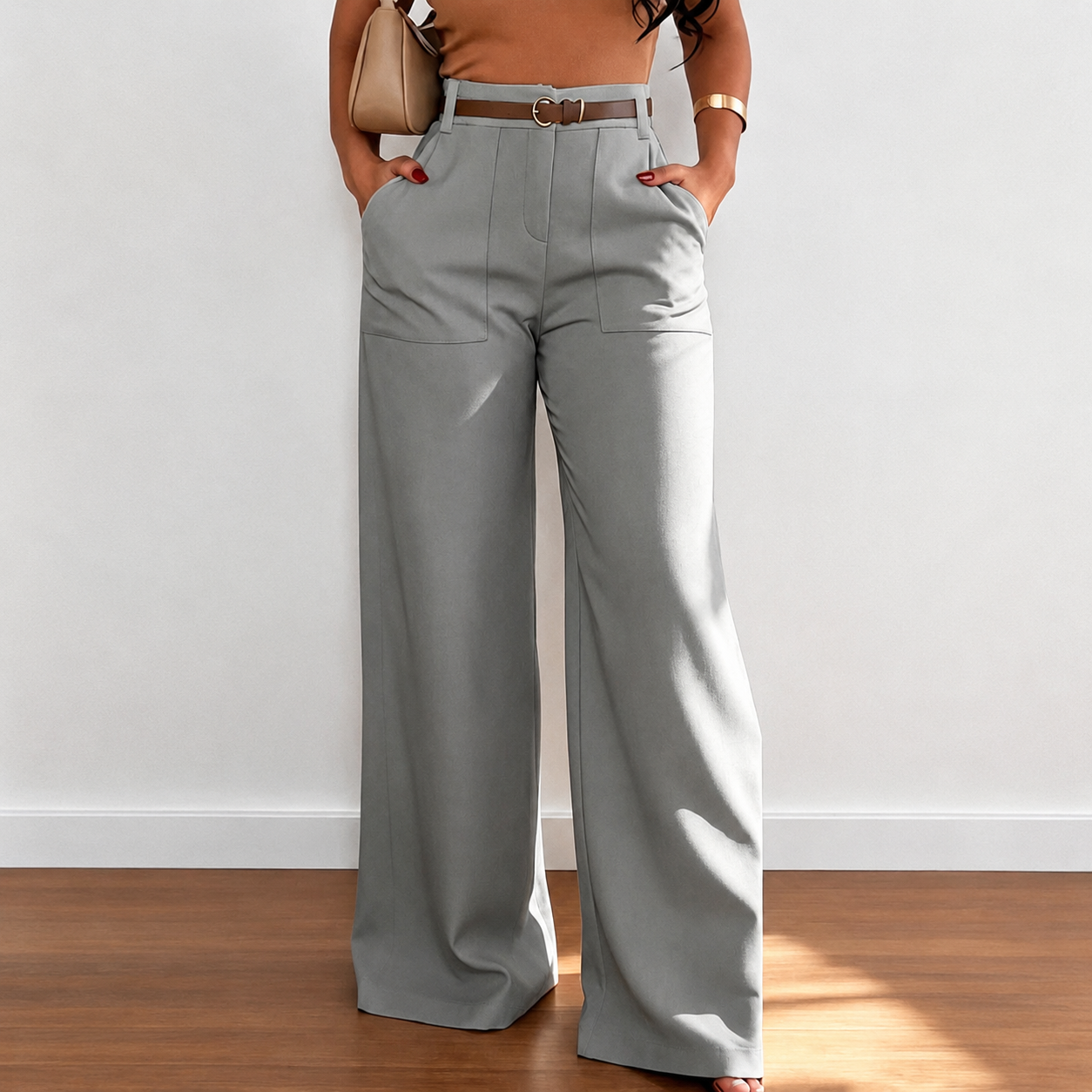 High Waisted Casual Straight Pants With Pockets