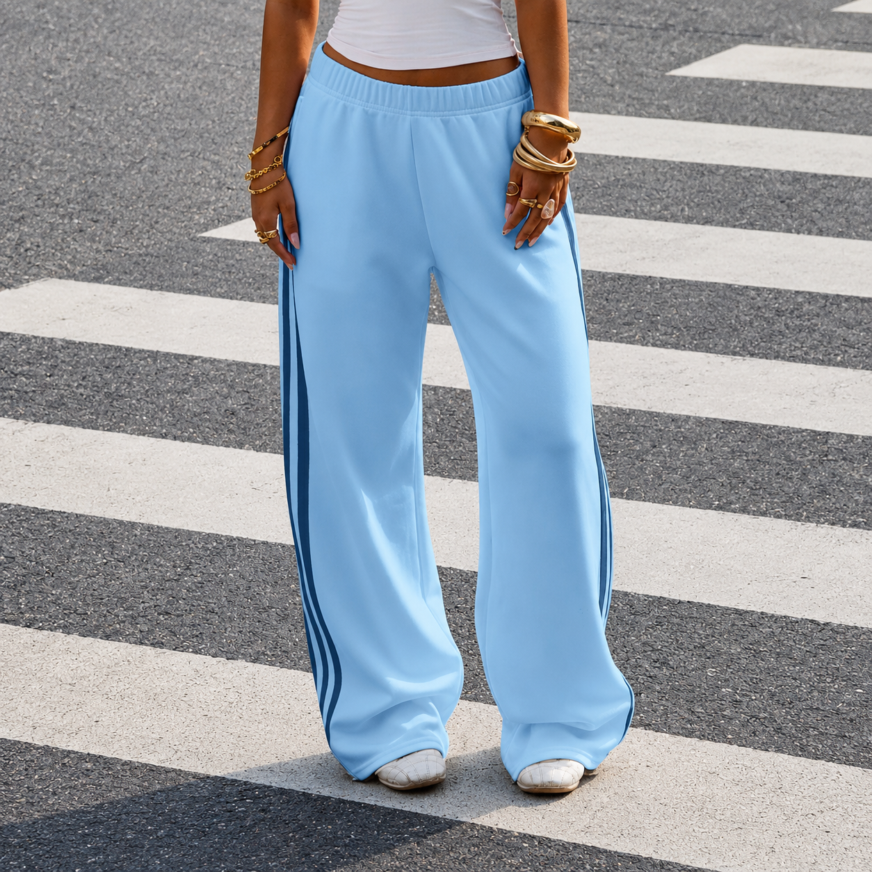 Patchwork Ribbon Casual Wide Flare Sweatpants For Women