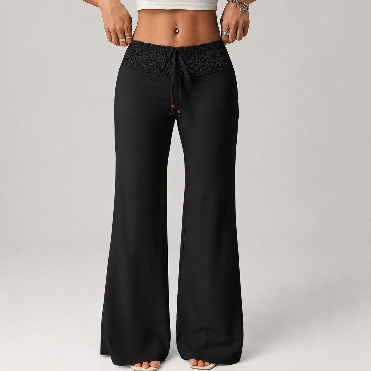 Beaded Drawstring Patchwork Straight Pants