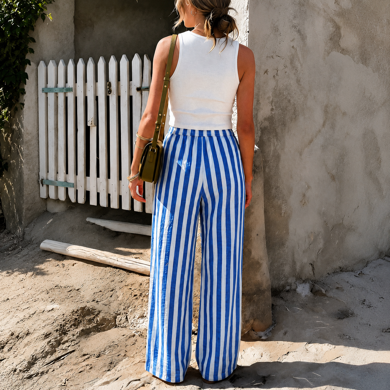 Striped Woven Wide Casual Beach Pants For Women