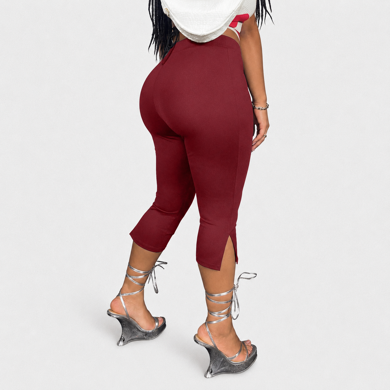 Solid Cropped Pants With Side Slit Hem For Women