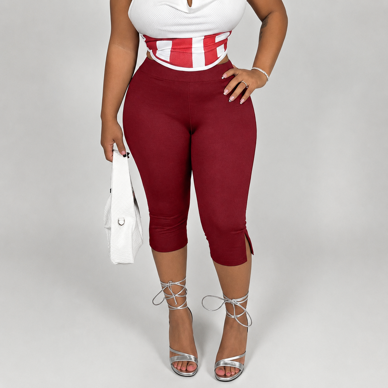 Solid Cropped Pants With Side Slit Hem For Women
