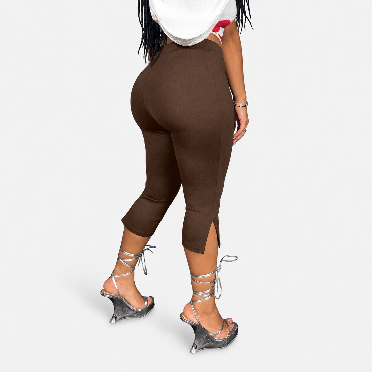 Solid Cropped Pants With Side Slit Hem For Women