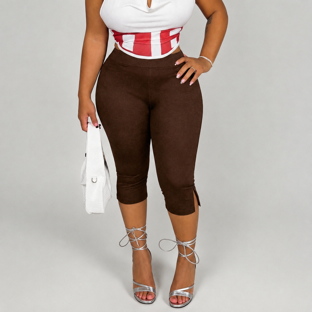 Solid Cropped Pants With Side Slit Hem For Women