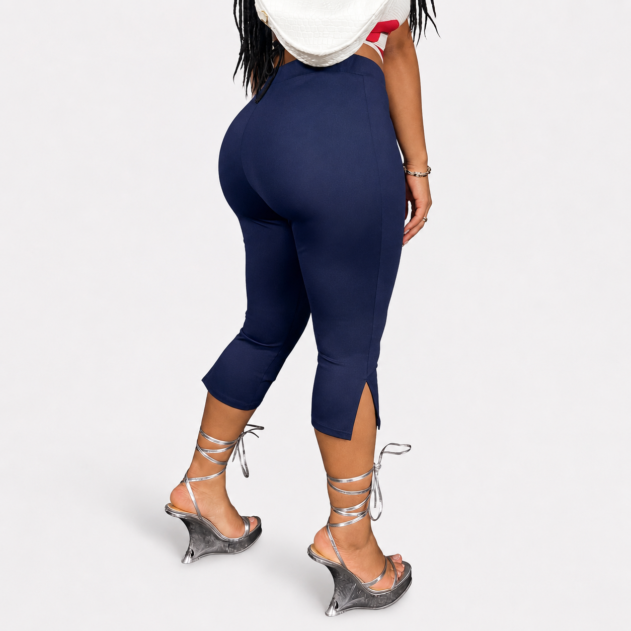 Solid Cropped Pants With Side Slit Hem For Women
