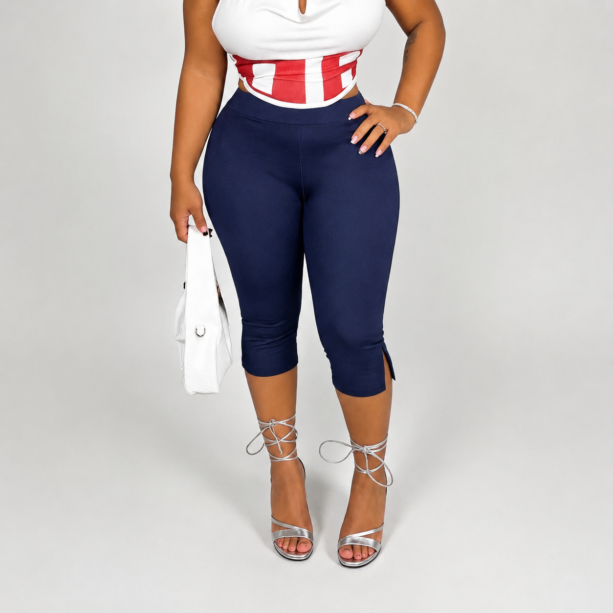 Solid Cropped Pants With Side Slit Hem For Women