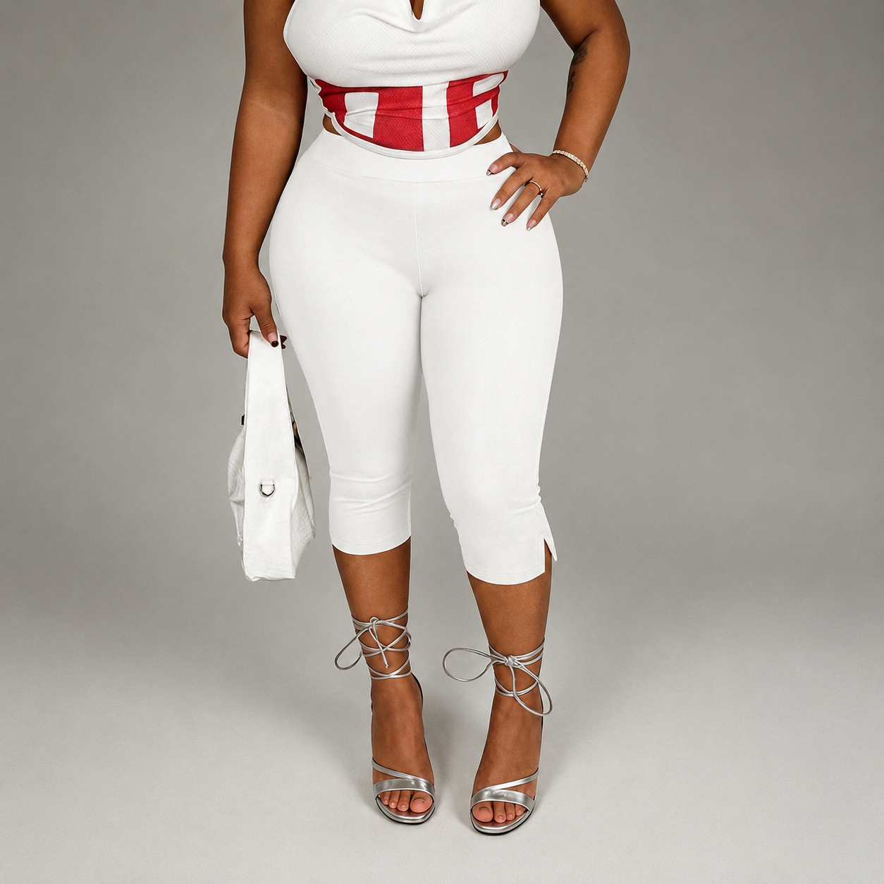 Solid Cropped Pants With Side Slit Hem For Women
