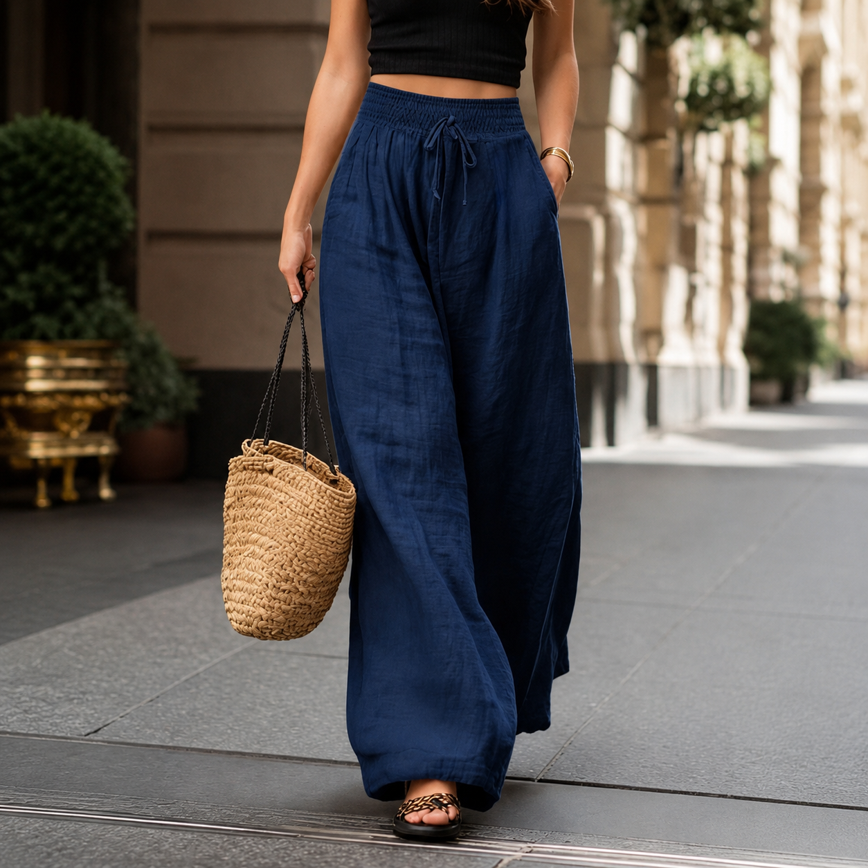 High Rise Wide Drawstring Pants For Summer