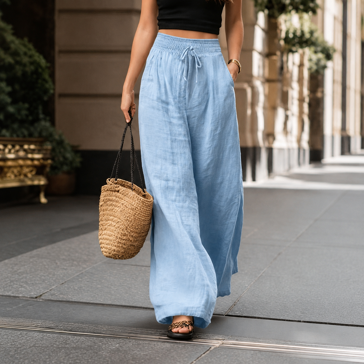 High Rise Wide Drawstring Pants For Summer