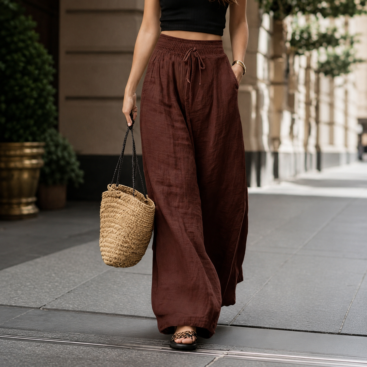 High Rise Wide Drawstring Pants For Summer