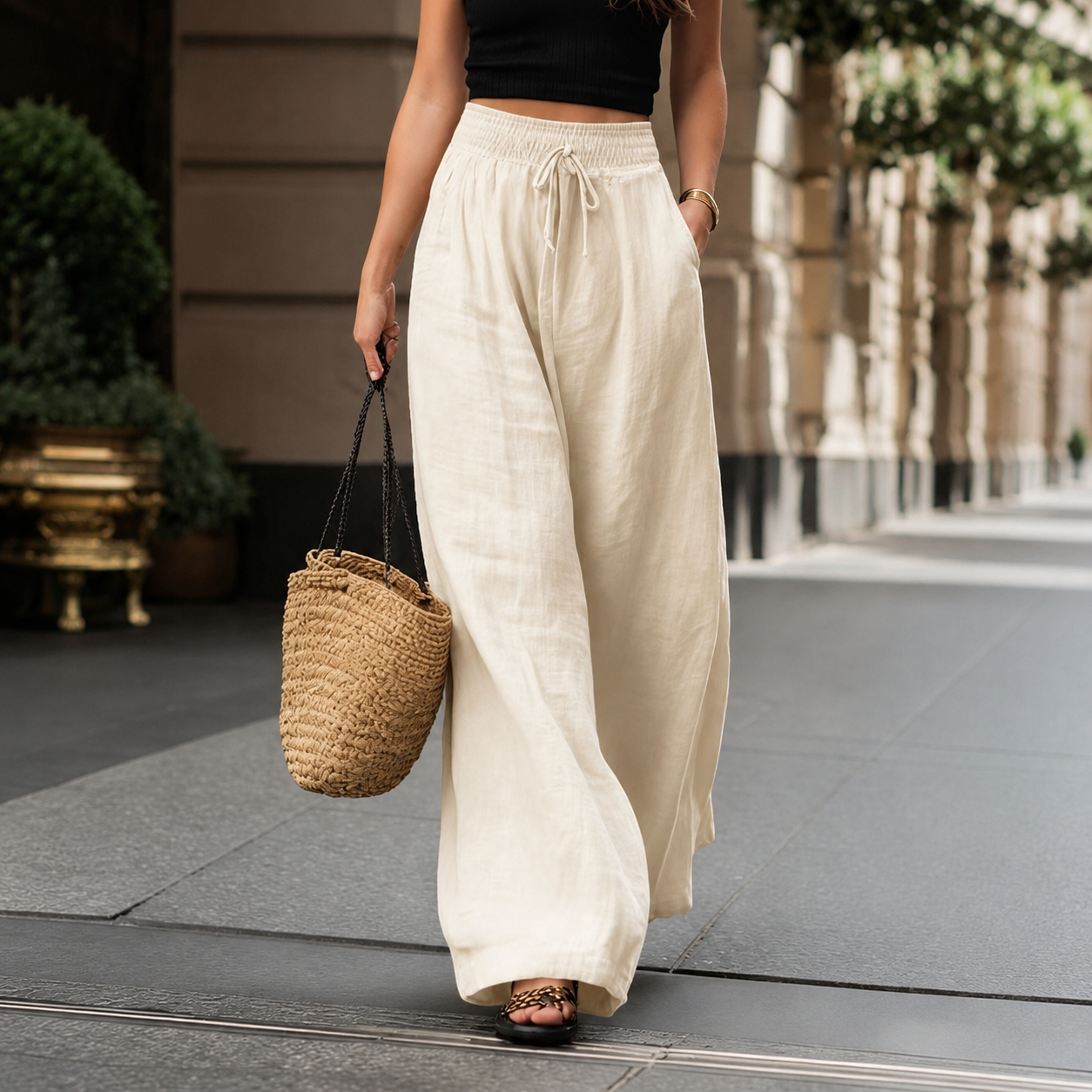 High Rise Wide Drawstring Pants For Summer