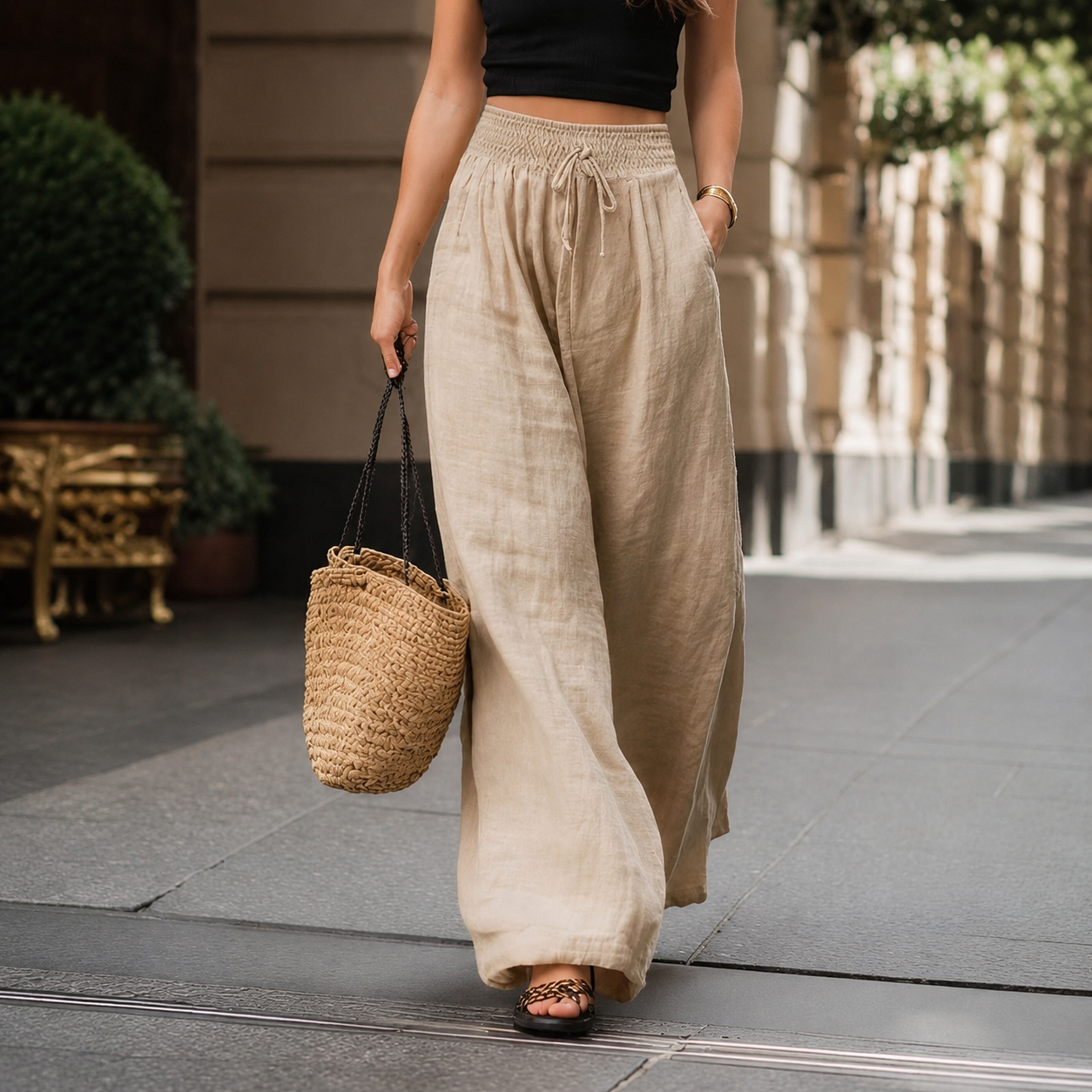 High Rise Wide Drawstring Pants For Summer