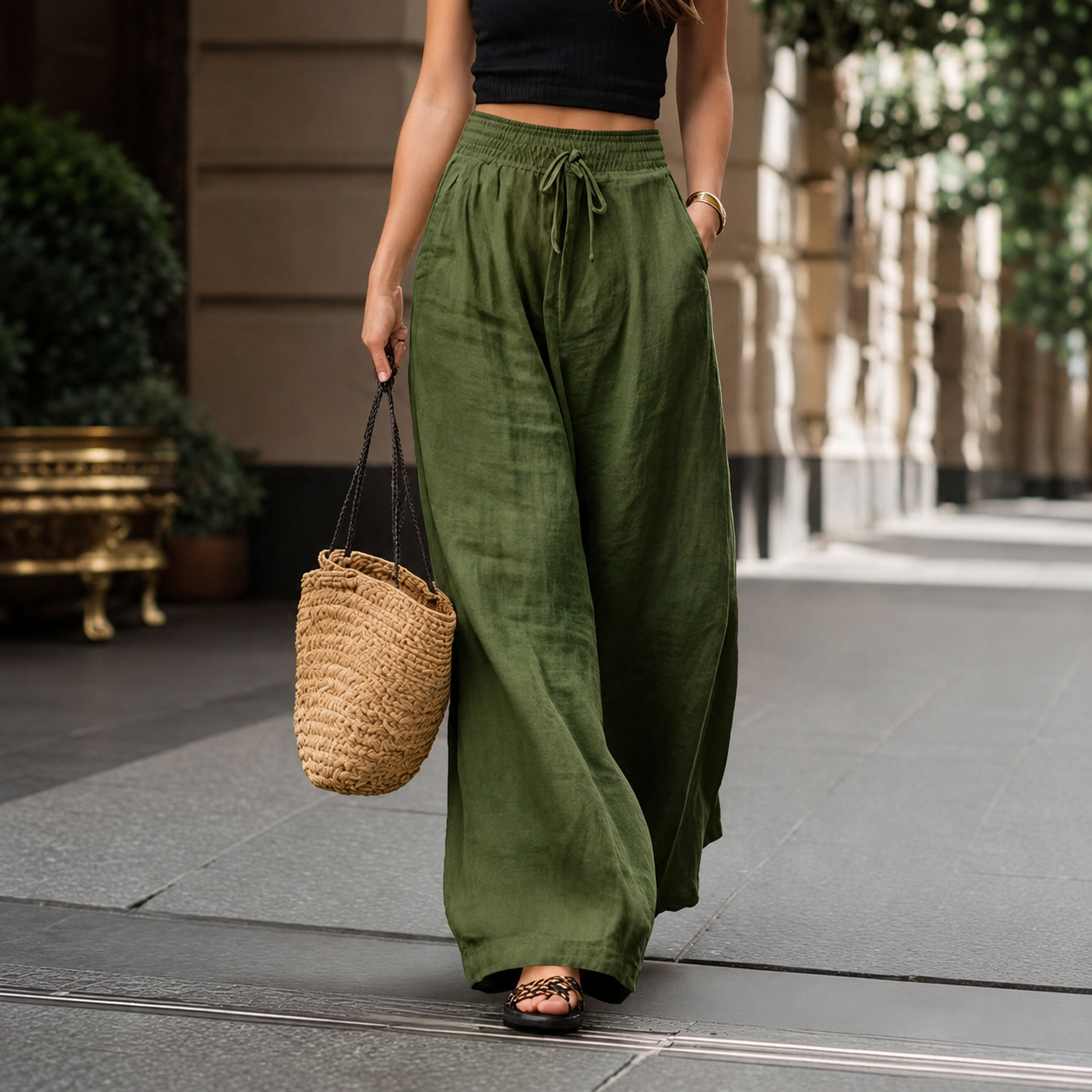 High Rise Wide Drawstring Pants For Summer