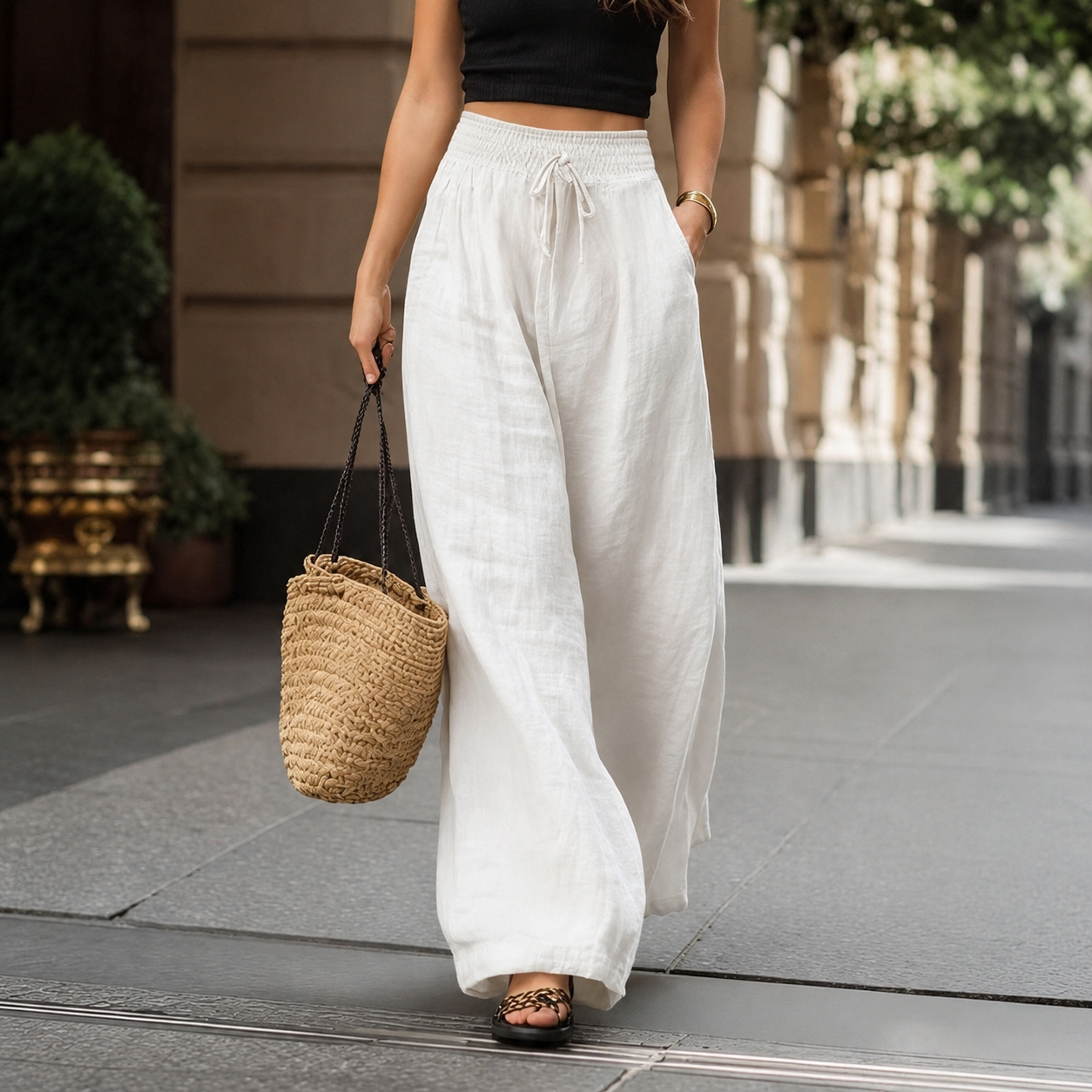 High Rise Wide Drawstring Pants For Summer