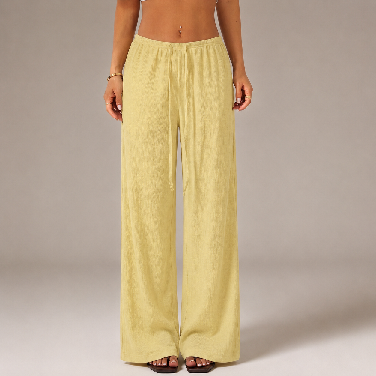 Solid Tie Front Wide Loose Casual Versatile Pants