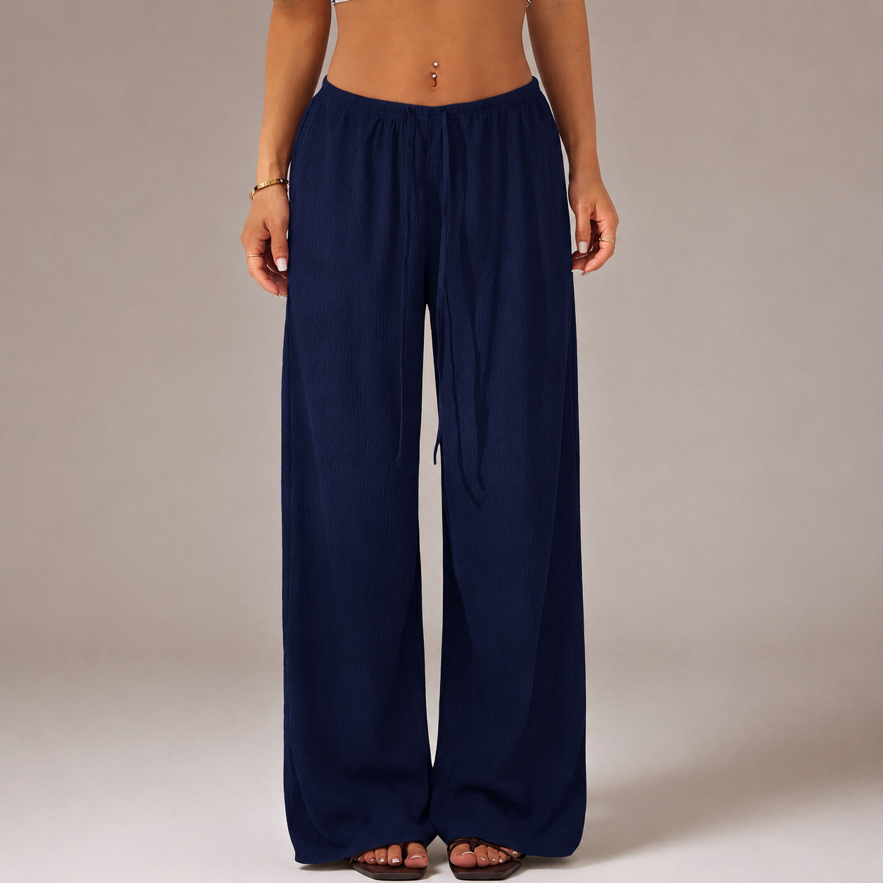 Solid Tie Front Wide Loose Casual Versatile Pants