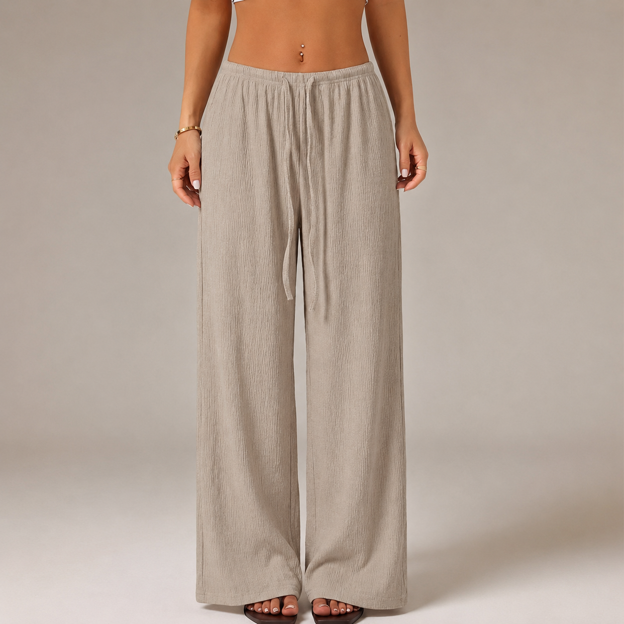 Solid Tie Front Wide Loose Casual Versatile Pants