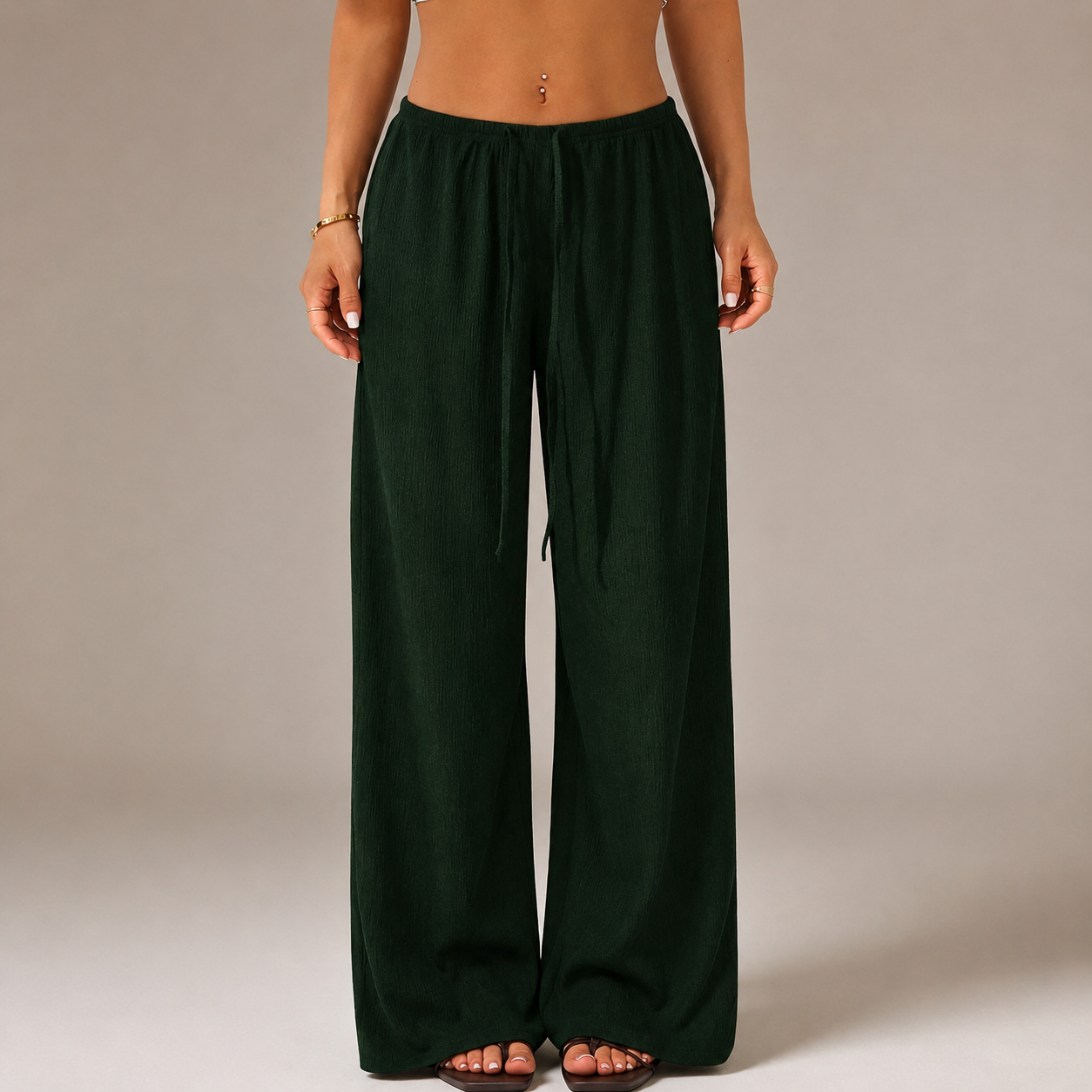 Solid Tie Front Wide Loose Casual Versatile Pants