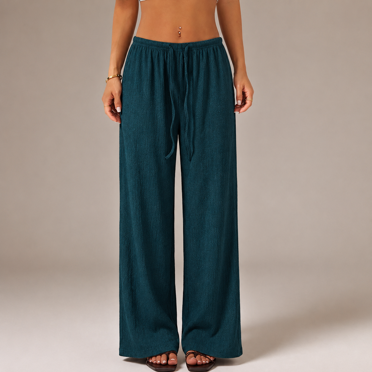 Solid Tie Front Wide Loose Casual Versatile Pants