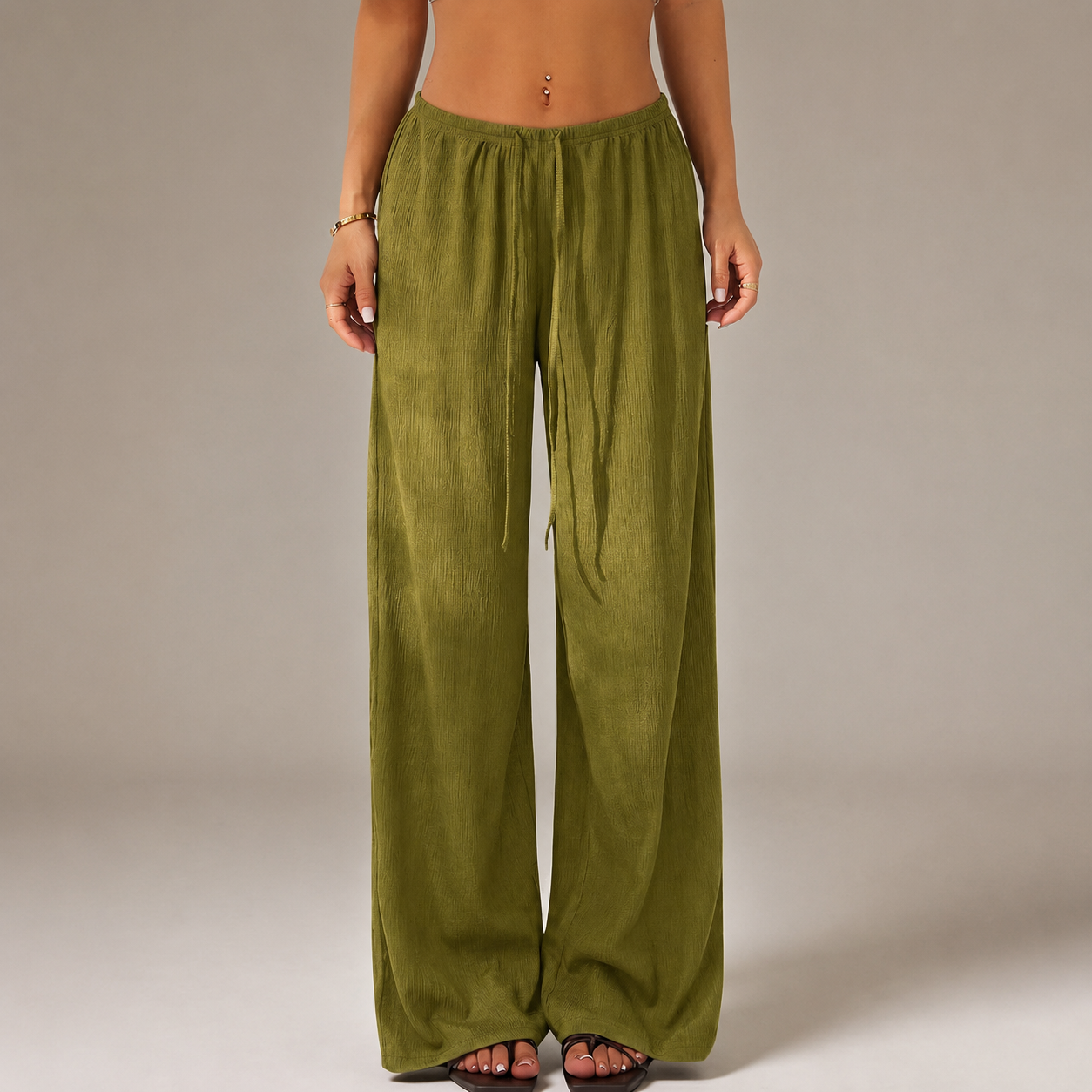 Solid Tie Front Wide Loose Casual Versatile Pants