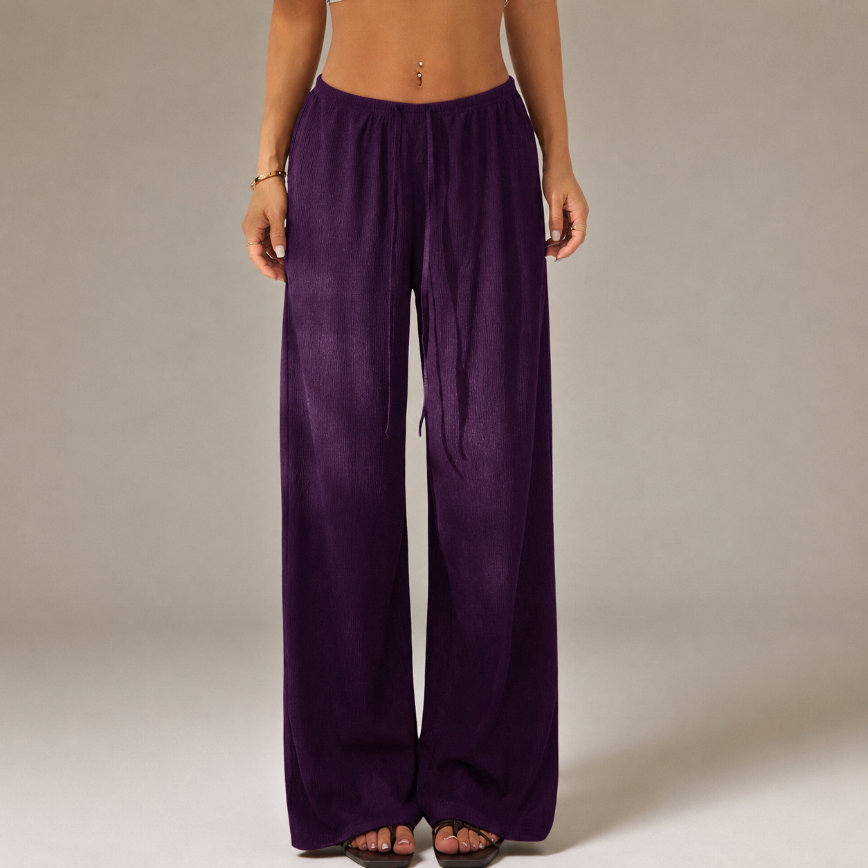 Solid Tie Front Wide Loose Casual Versatile Pants