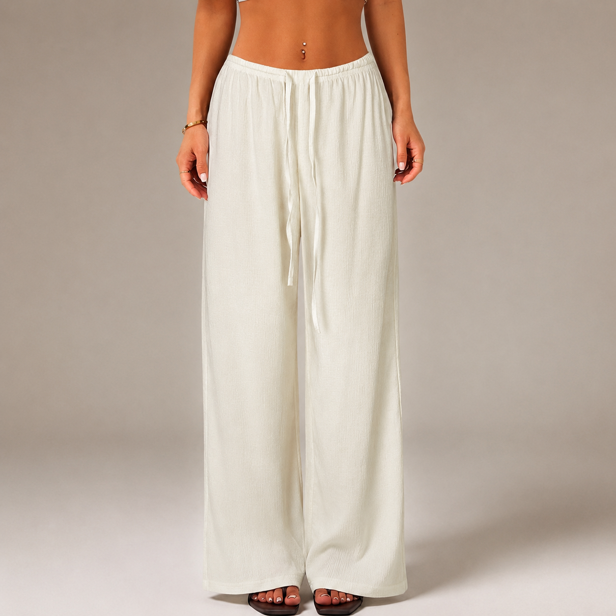 Solid Tie Front Wide Loose Casual Versatile Pants