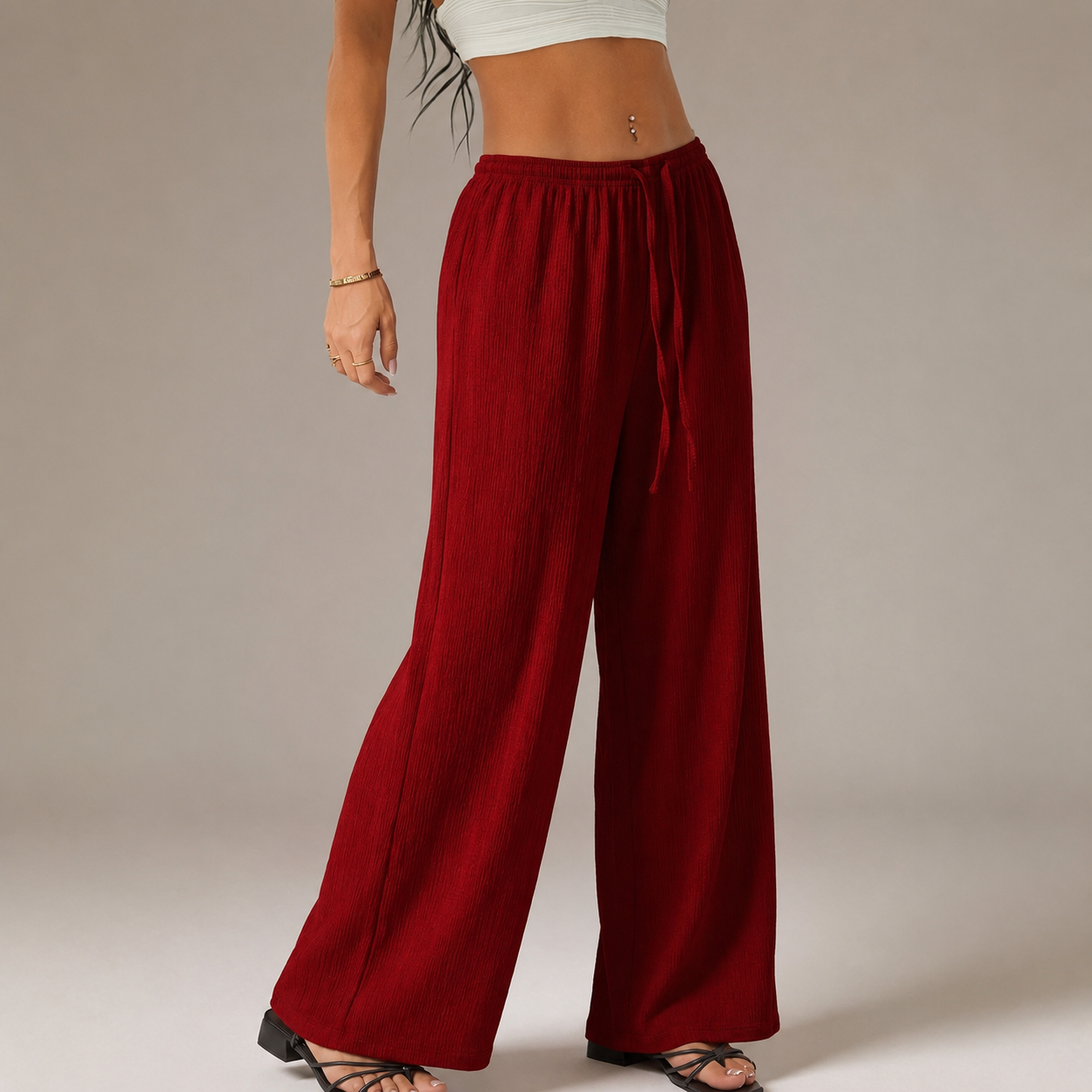 Solid Tie Front Wide Loose Casual Versatile Pants