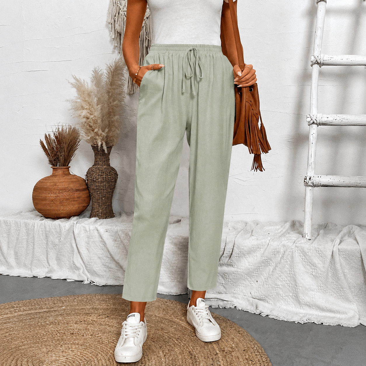 Front Tie Casual Drawstring Tapered Pants For Women