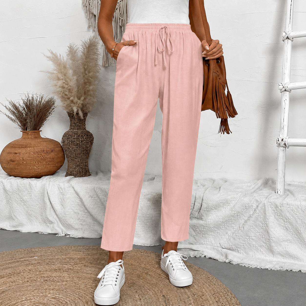 Front Tie Casual Drawstring Tapered Pants For Women