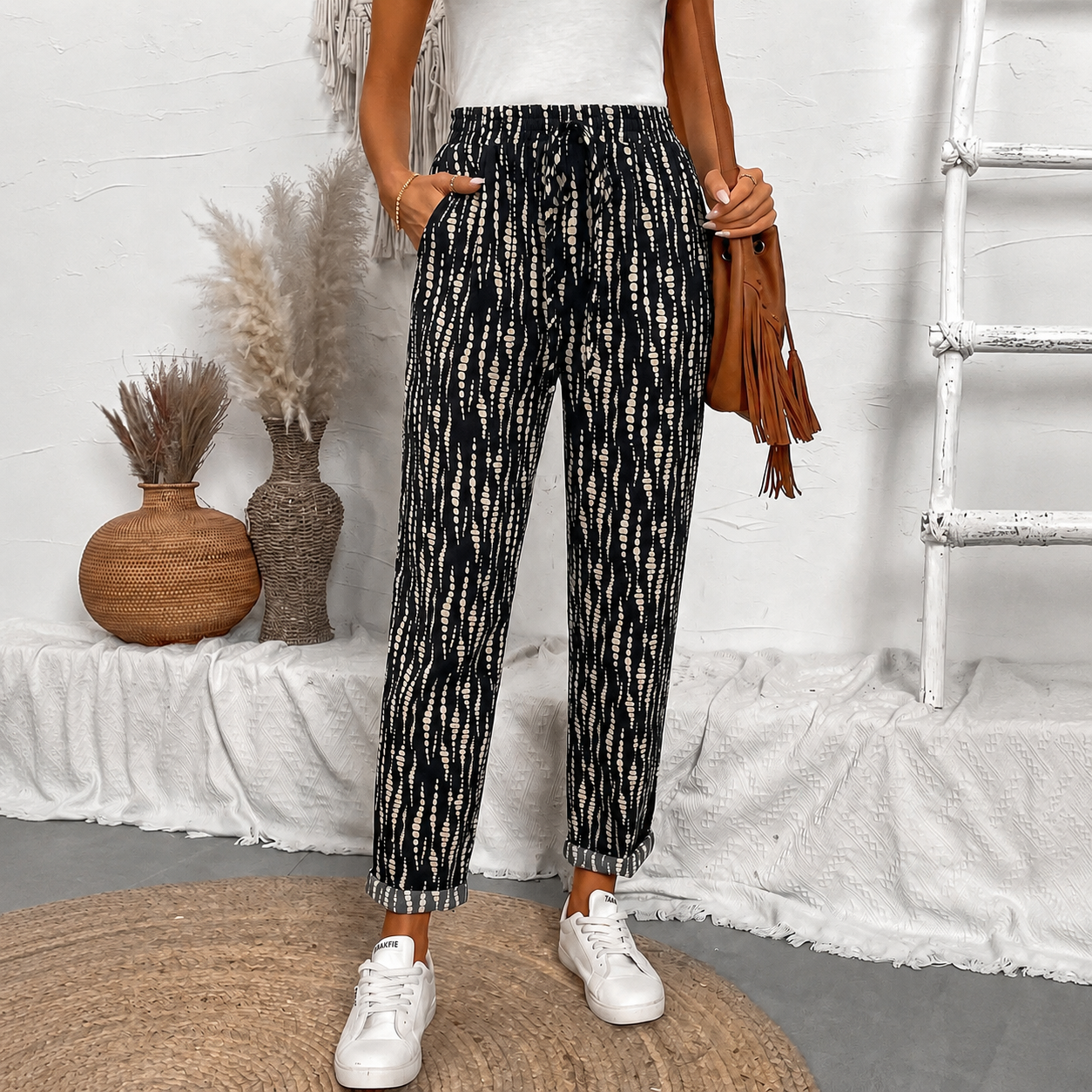 Front Tie Casual Drawstring Tapered Pants For Women