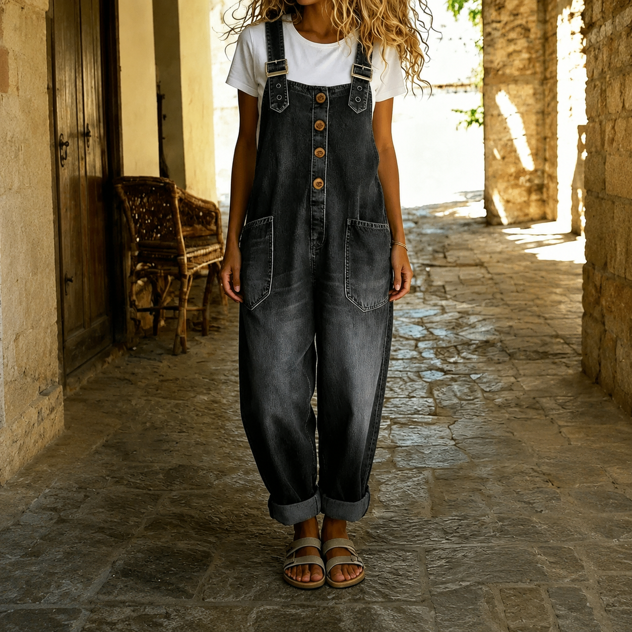 Casual Loose Retro Washed Denim Jumpsuite With Drawstring For Women