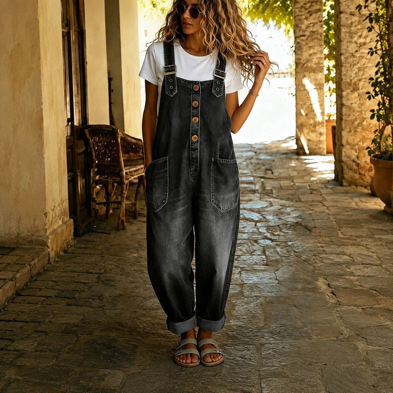 Casual Loose Retro Washed Denim Jumpsuite With Drawstring For Women