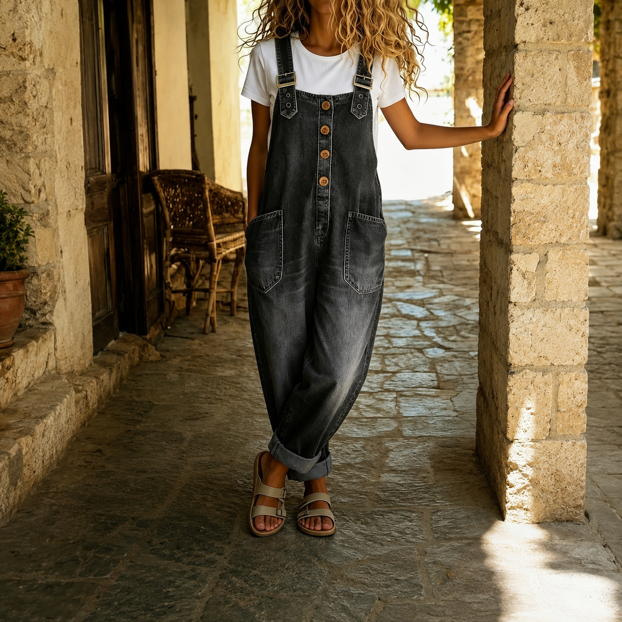 Casual Loose Retro Washed Denim Jumpsuite With Drawstring For Women