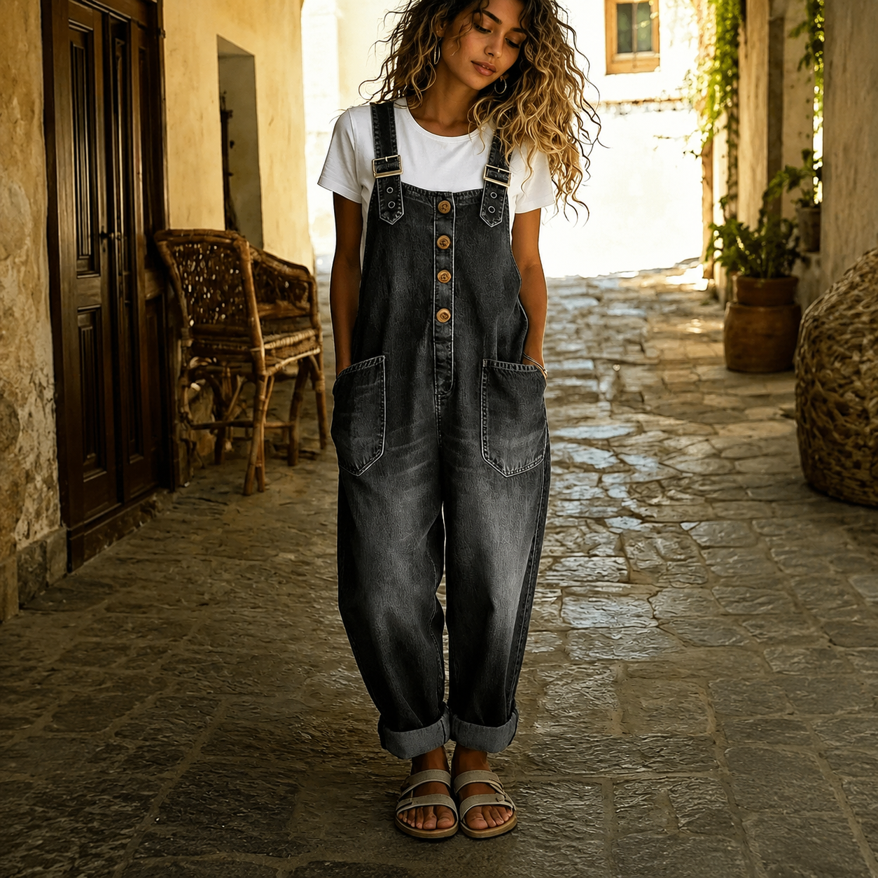 Casual Loose Retro Washed Denim Jumpsuite With Drawstring For Women