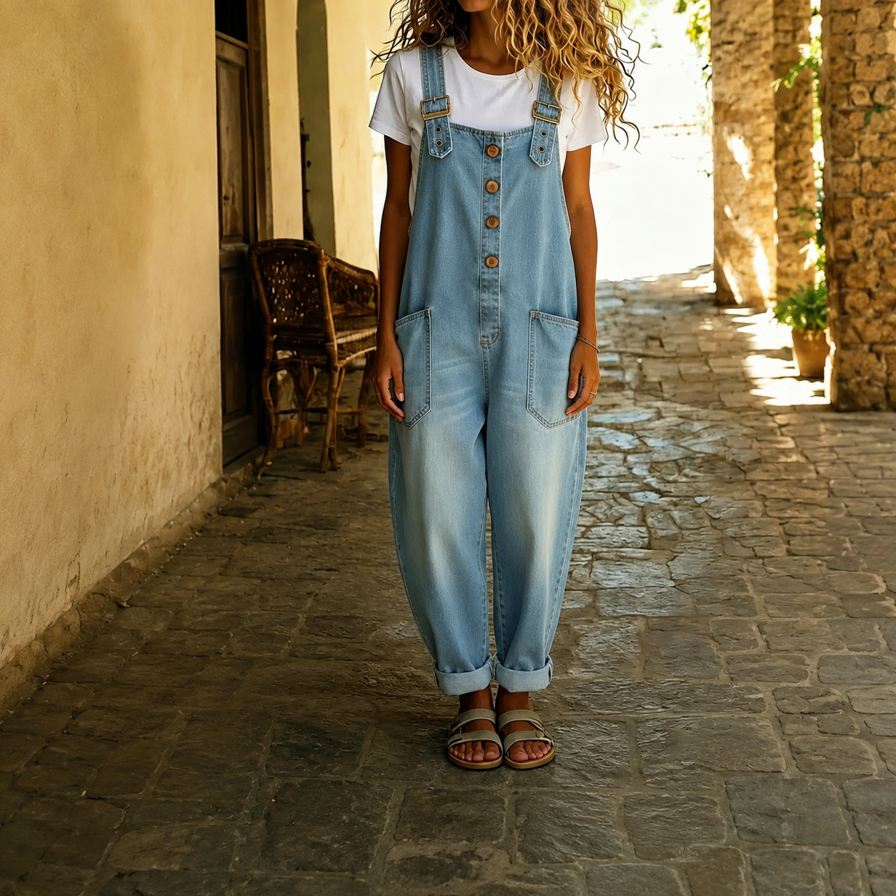 Casual Loose Retro Washed Denim Jumpsuite With Drawstring For Women