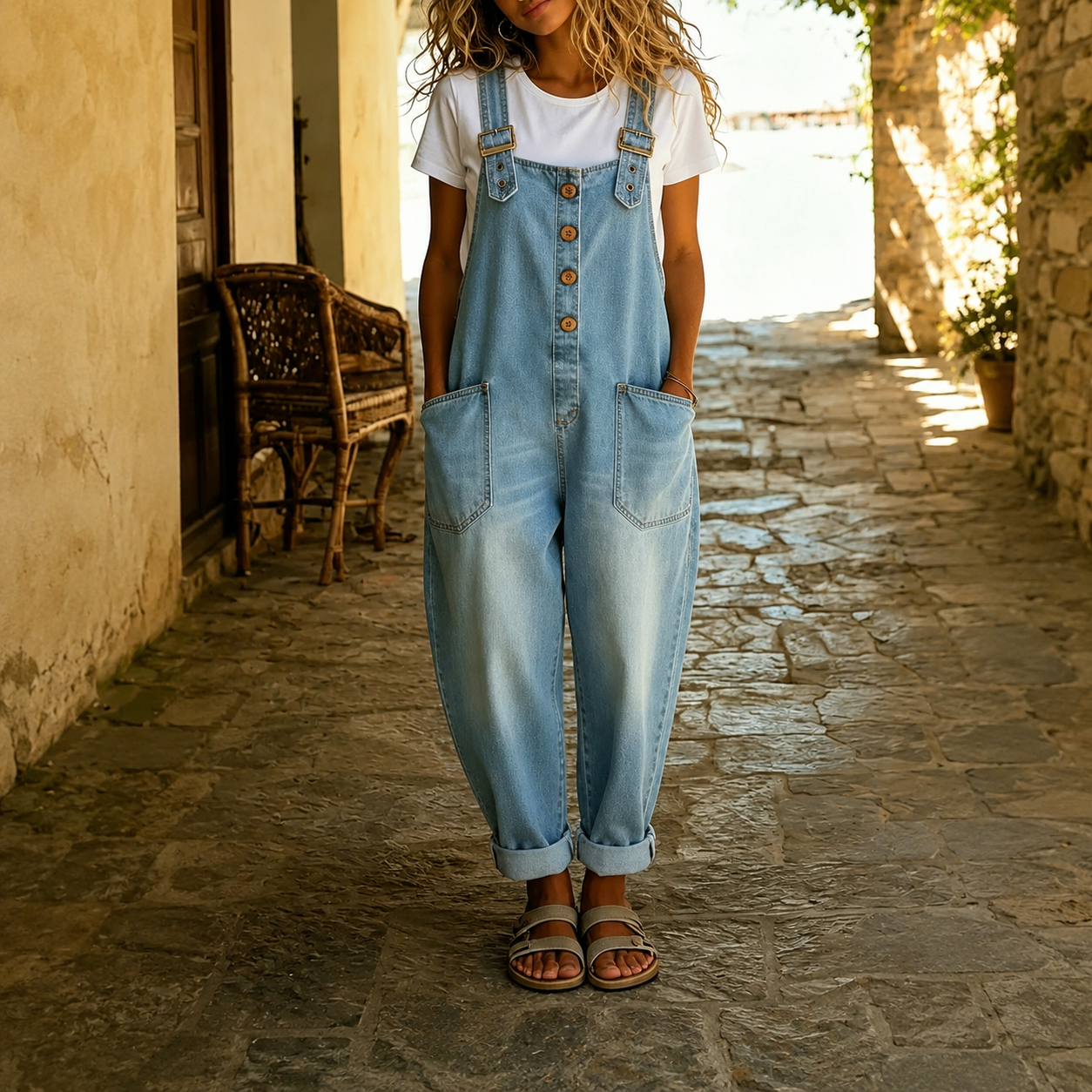 Casual Loose Retro Washed Denim Jumpsuite With Drawstring For Women