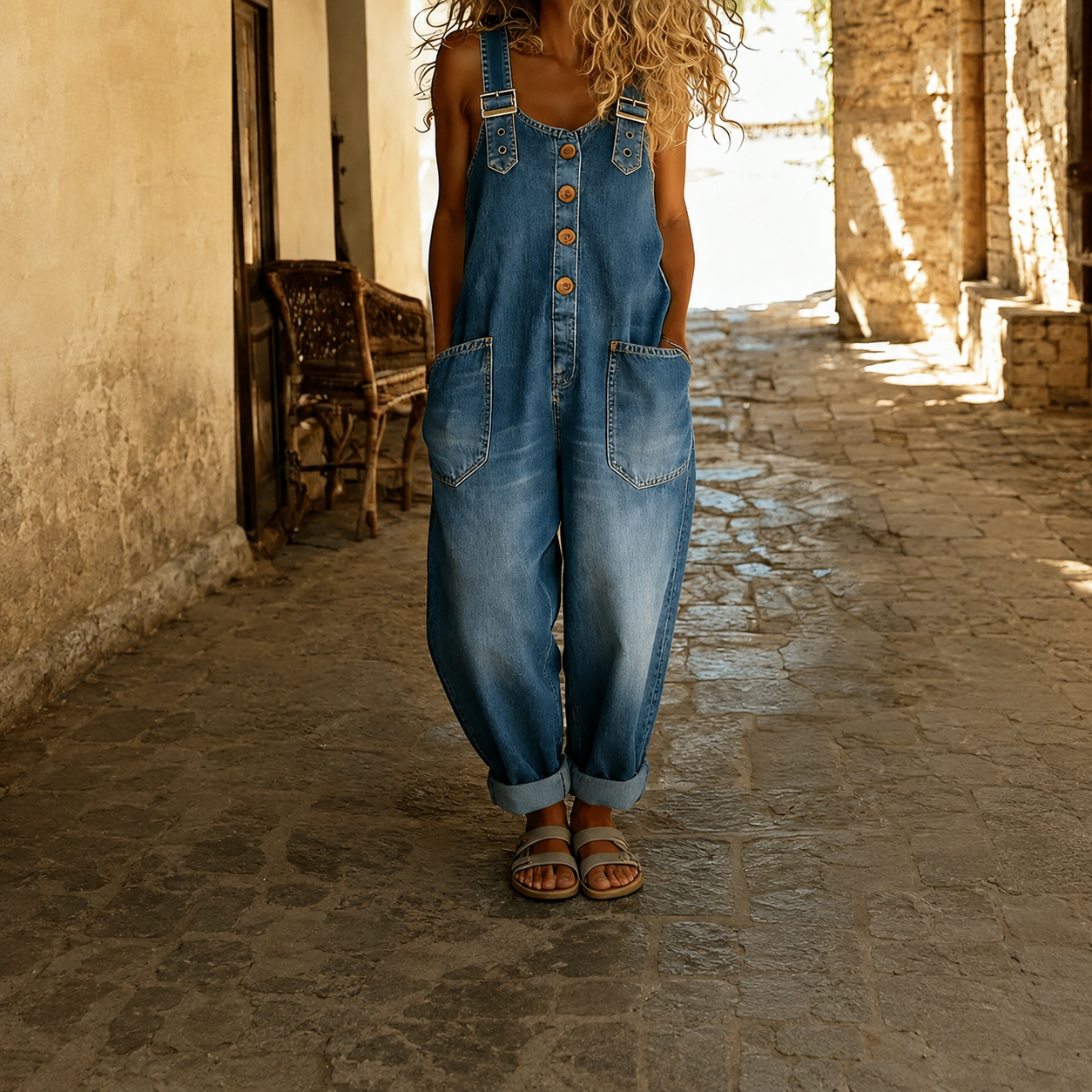 Casual Loose Retro Washed Denim Jumpsuite With Drawstring For Women