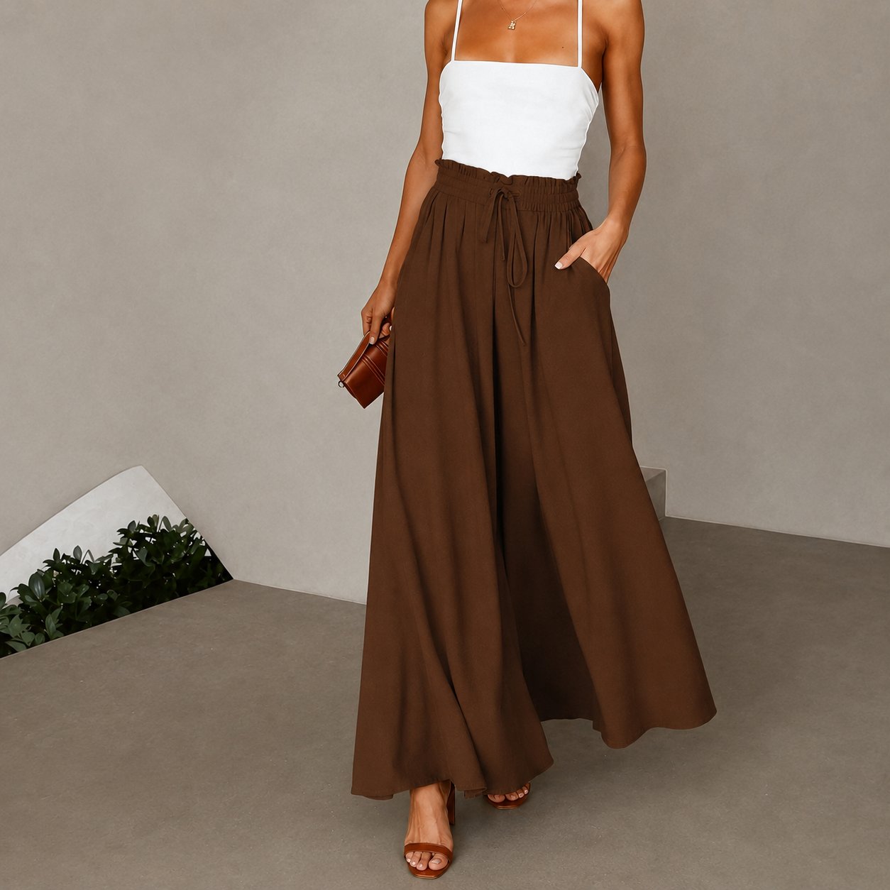 Wide Pleated Fall Belted Pants For Women