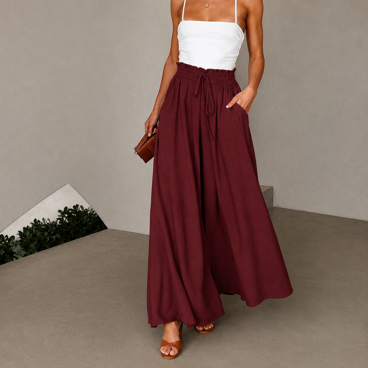Wide Pleated Fall Belted Pants For Women