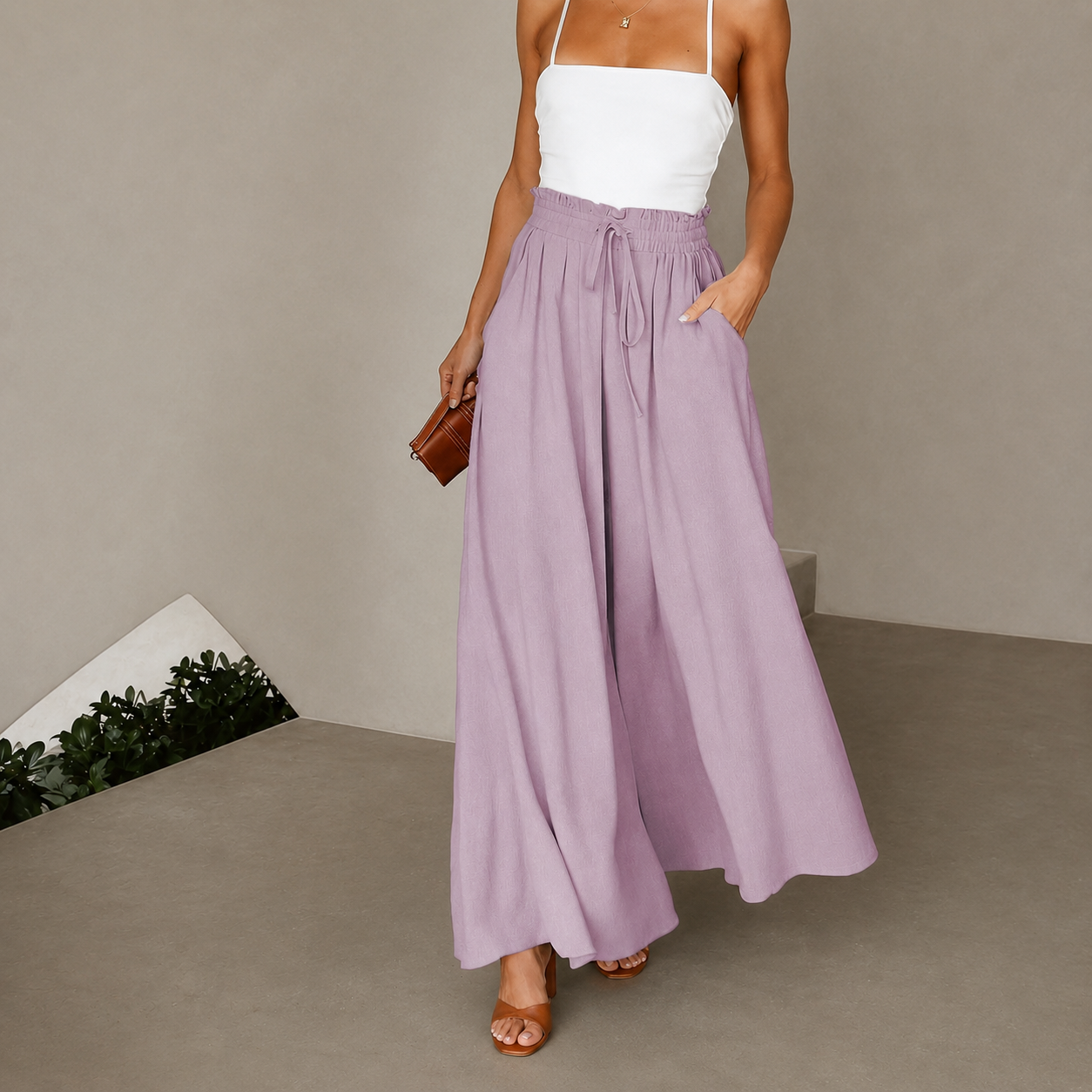 Wide Pleated Fall Belted Pants For Women