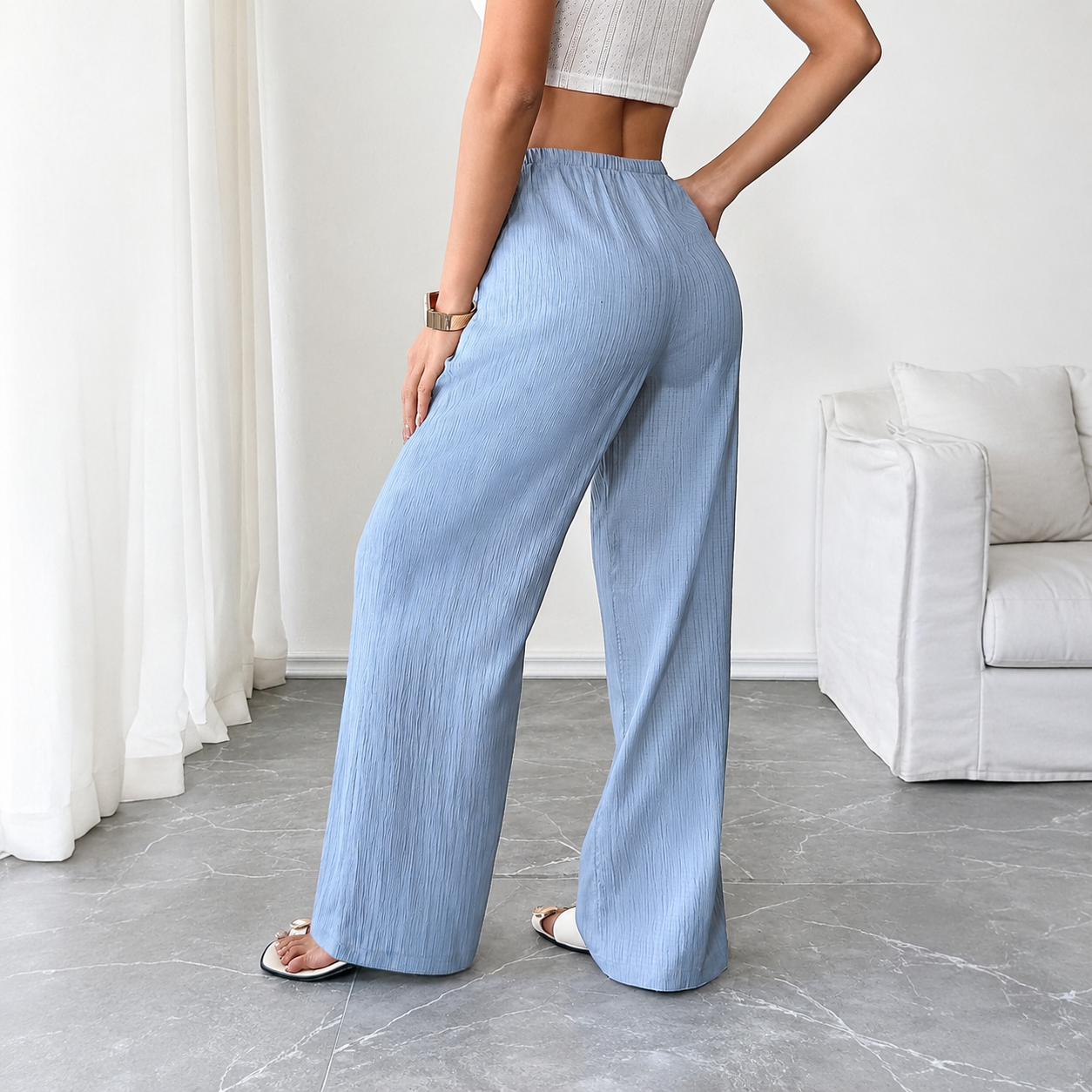 Casual Long Textured Pants With Pockets For Women