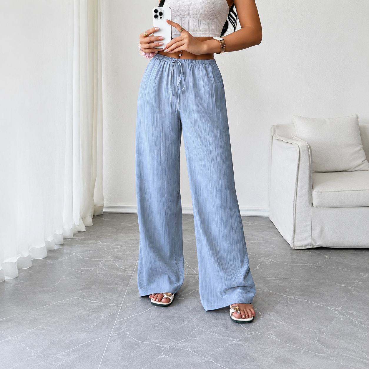Casual Long Textured Pants With Pockets For Women