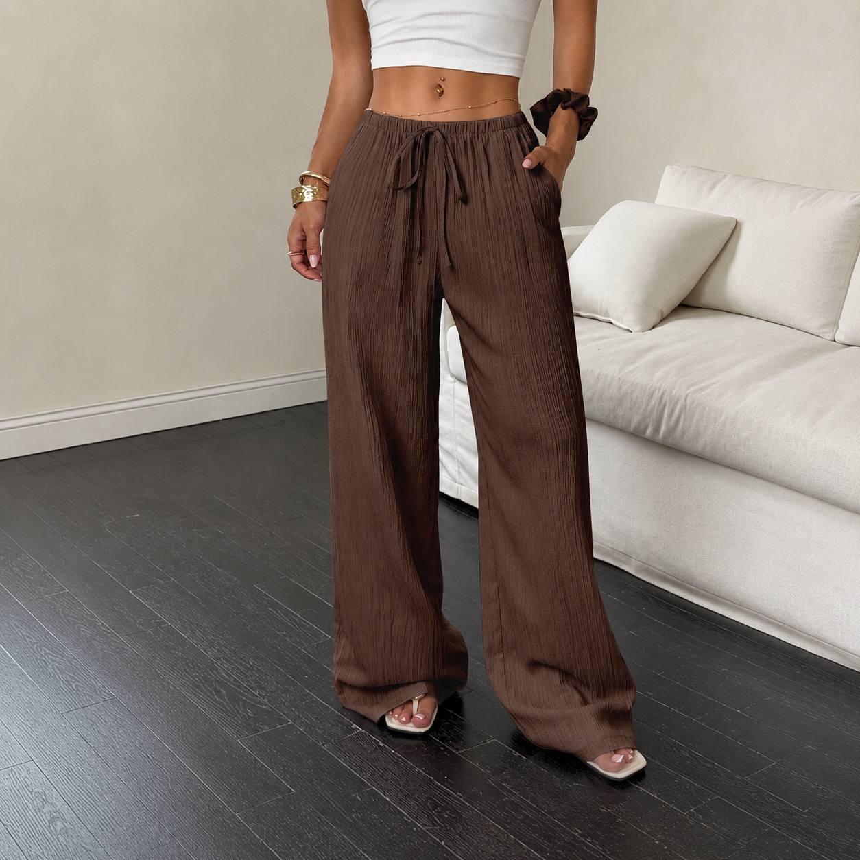 Casual Long Textured Pants With Pockets For Women
