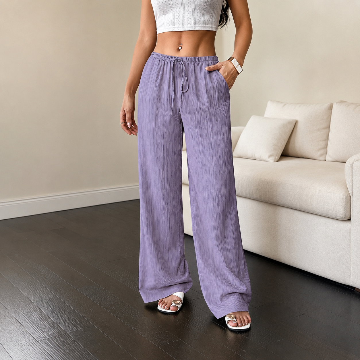 Casual Long Textured Pants With Pockets For Women