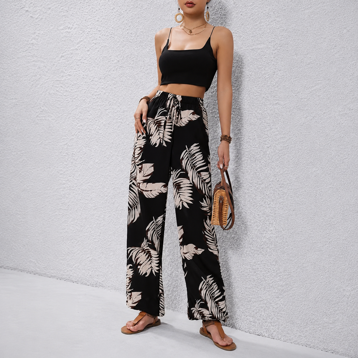 Casual Flowy Palazzo Pants With Tropical Print For Women