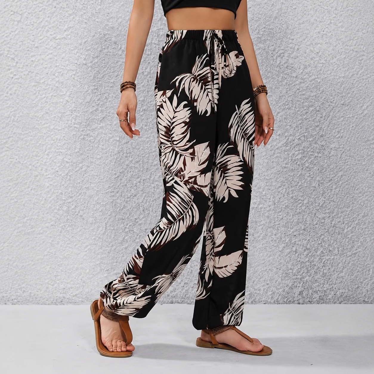 Casual Flowy Palazzo Pants With Tropical Print For Women