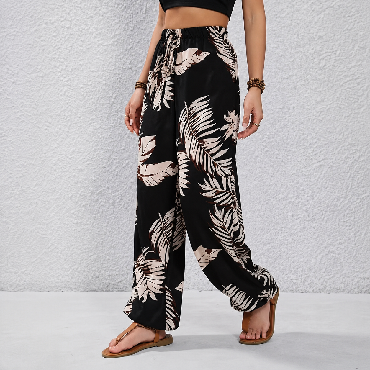 Casual Flowy Palazzo Pants With Tropical Print For Women