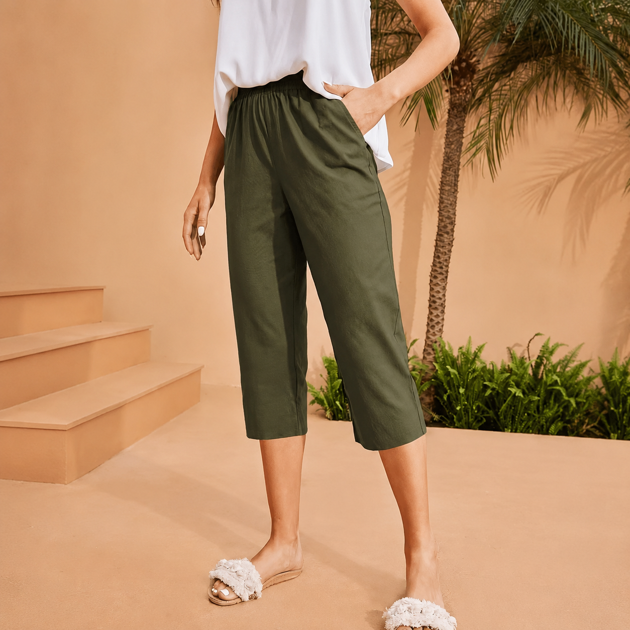 Casual High Rise Wide Trousers With Side Pockets For Women